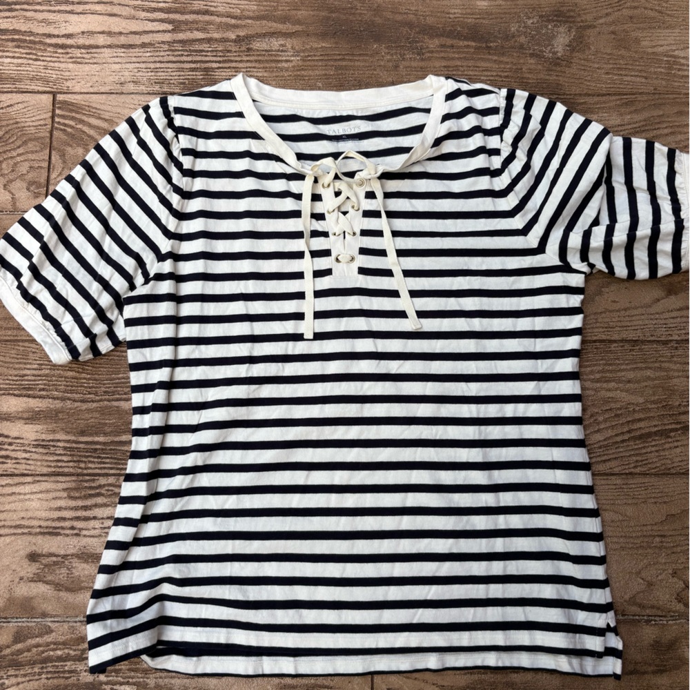 Talbots Black and White Striped Lace-Up Top